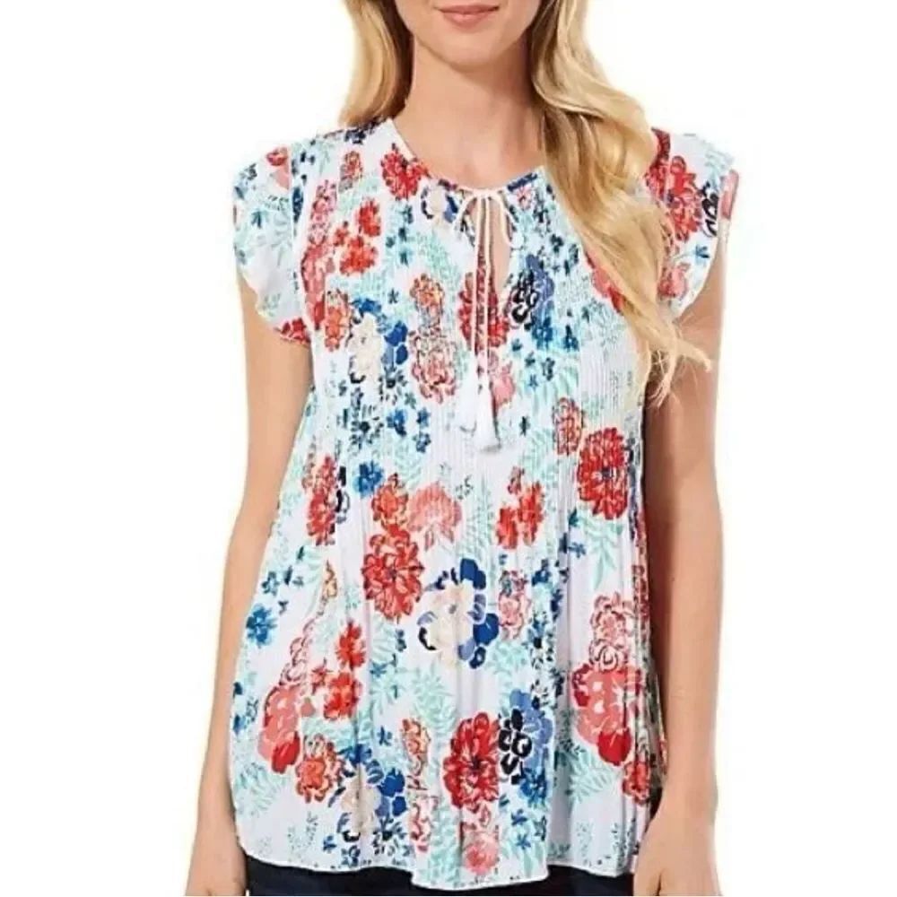 Womens Zac & Rachel Floral Print Accordion Pleat & Tassel Blouse Top - Sz M